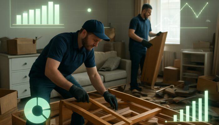 UK clearance team disassembling furniture with overlaid glowing performance metrics and productivity charts.