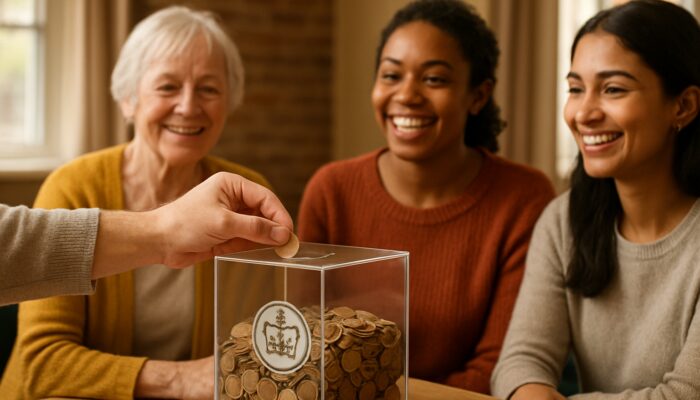 Hand donating coins to transparent UK charity box stamped with Charity Commission seal amid smiling community.