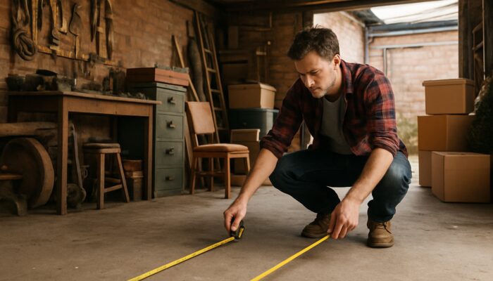 Homeowner measuring floor space in cluttered UK single-car garage with tools and boxes