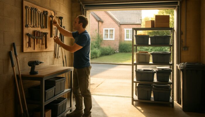 Man organizing tools on shelves in tidy UK suburban garage with storage boxes
