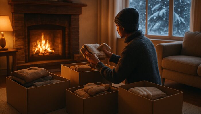 Person sorting clutter into donation boxes by fireplace in cozy winter home with snow outside.