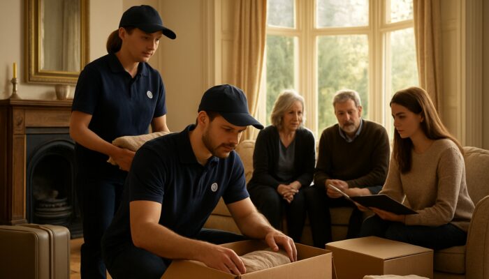 Compassionate UK bereavement clearance team packing belongings in sunlit Victorian home as family reviews testimonials.