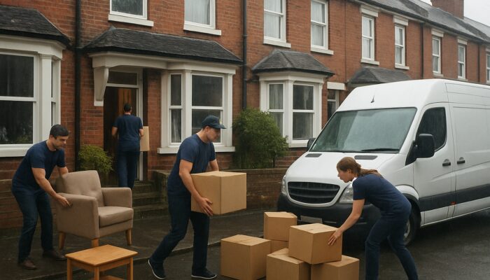 House clearance team removing furniture from UK terraced house on rainy street with vans
