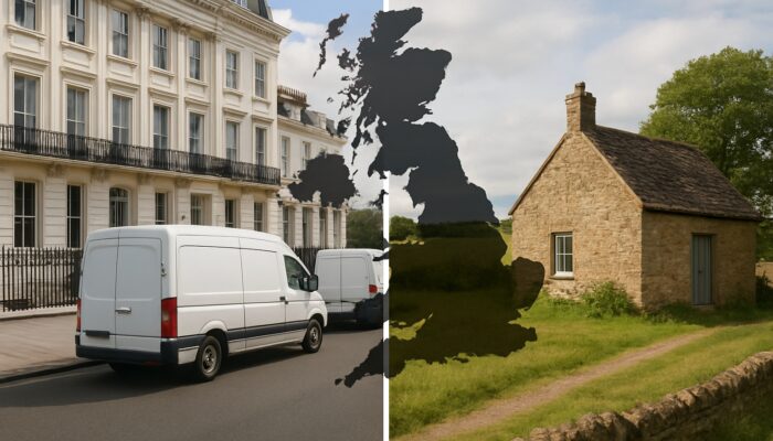Split-screen UK map contrasting premium London house clearance costs with affordable northern rural services.